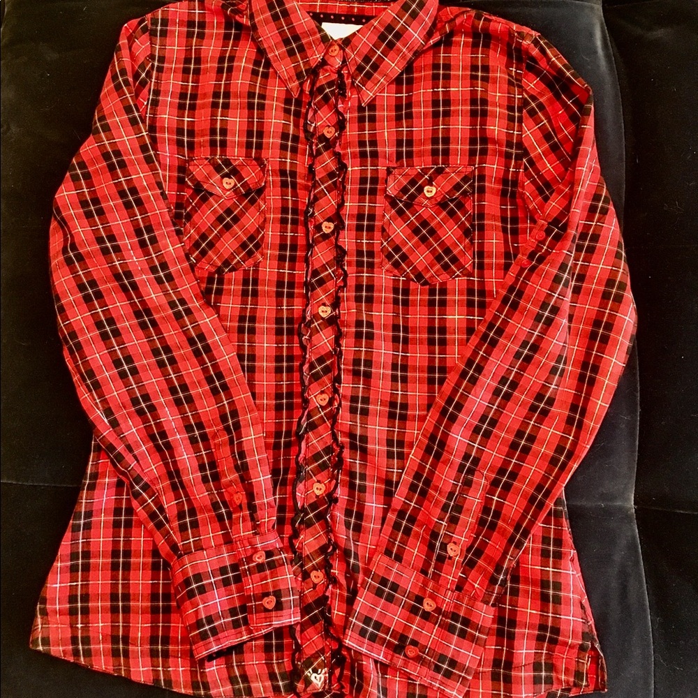 Justice Just For Girls Red Silver Plaid Shirt